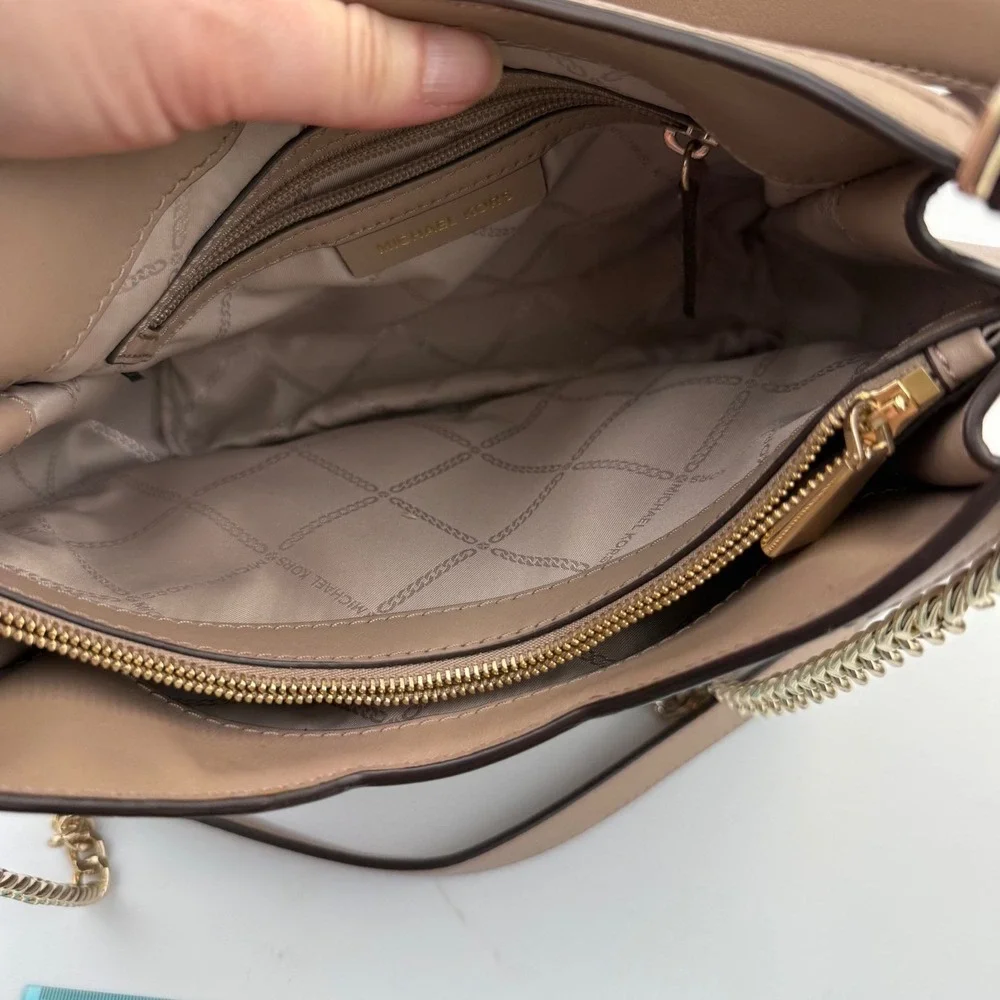 Michael Kors Cece Medium Leather Chain Shoulder Bag Taupe Gold Hardware